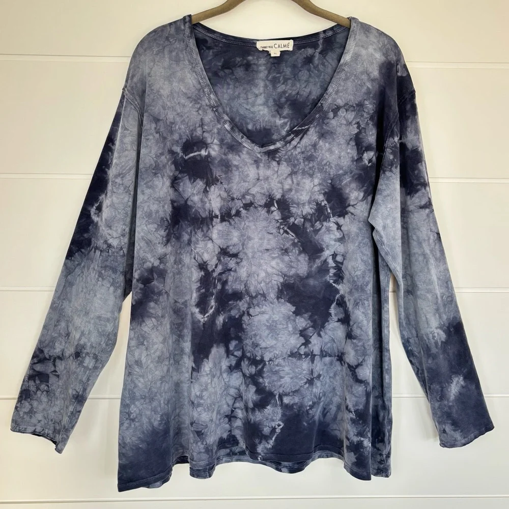 JOHNNY WAS CALMÉ Women’s Blake tie dye long sleeve tee shirt Blue Size XL - Picture 1 of 13